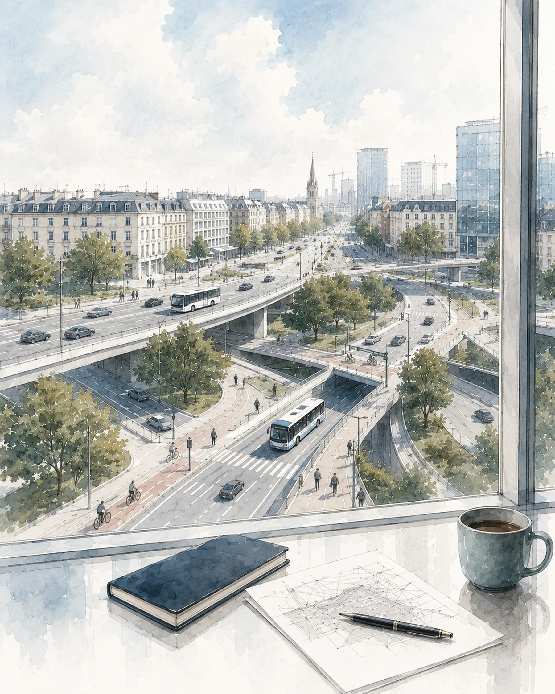 Illustrierter Blick aus dem Fenster auf stark befahrene Straßen und Kreuzungen – Sinnbild für den Unternehmeralltag mit vielen parallelen Anforderungen.