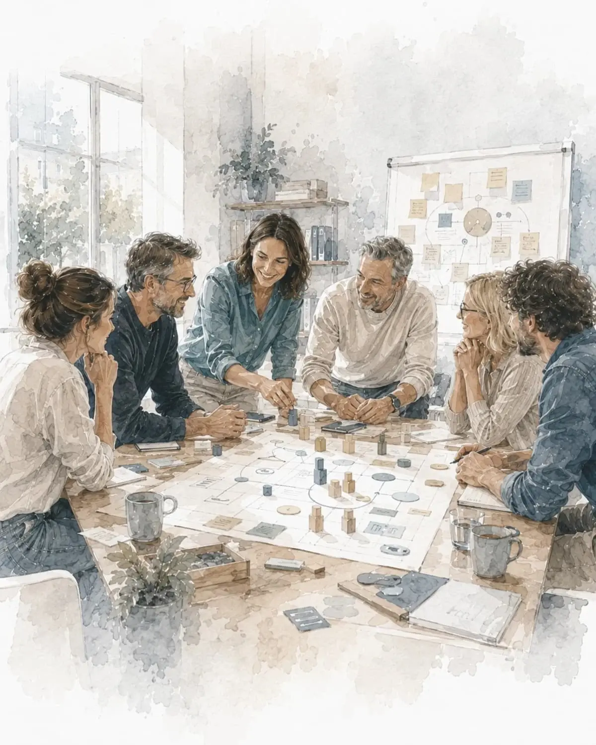 Illustration einer Führungssituation im Team als Symbol für Rollenklarheit, Zusammenarbeit und Führungscoaching.