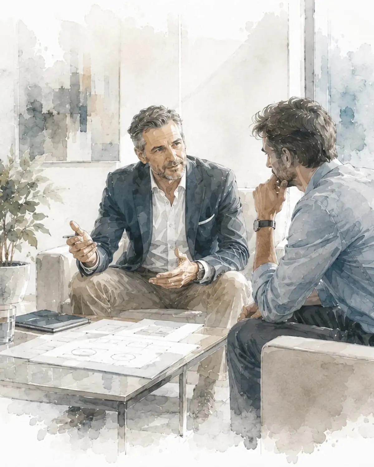 Illustration eines vertraulichen Coachinggesprächs mit Unternehmer und Geschäftsführer zu Entscheidungen, Verantwortung und Führung.