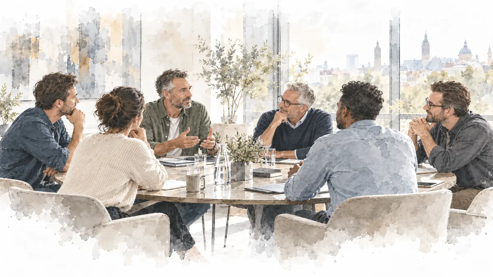 Illustration: Unternehmerinnen und Unternehmer im vertraulichen Gespräch an einem runden Tisch, im Hintergrund die Silhouette von Leipzig.